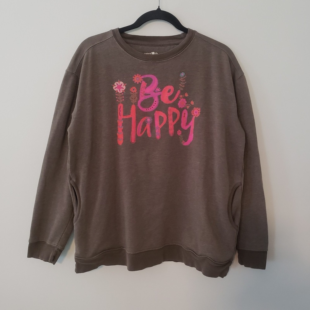 Natural Life Womens Floral Be Happy Pullover Crewneck Sweatshirt SMALL Pockets
